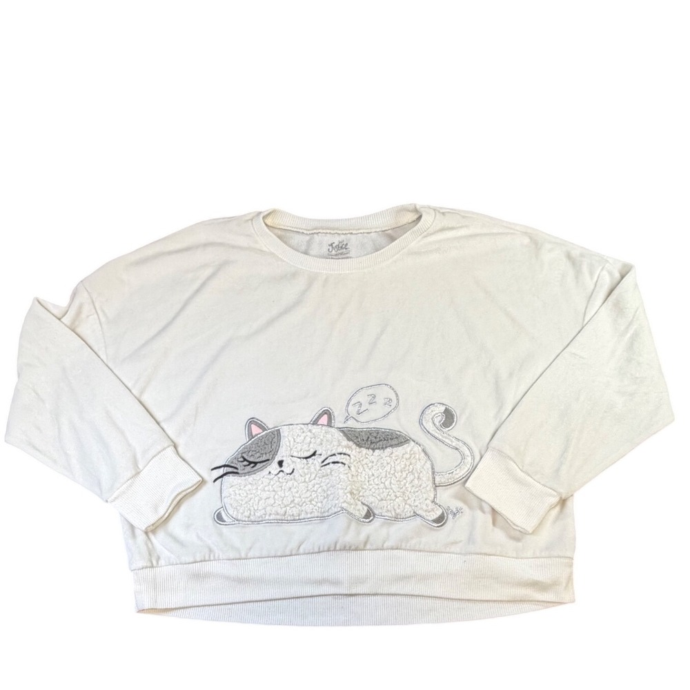 Justice Girls White Sleeping Cat Sherpa Graphic Sweatshirt Size 12/14 L J9
